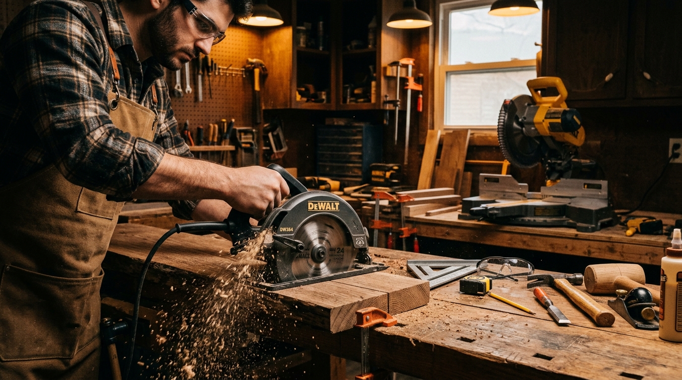 Circular saw, miter saw, and woodworking hand tools arranged on a workbench with wood shavings and warm amber workshop lighting