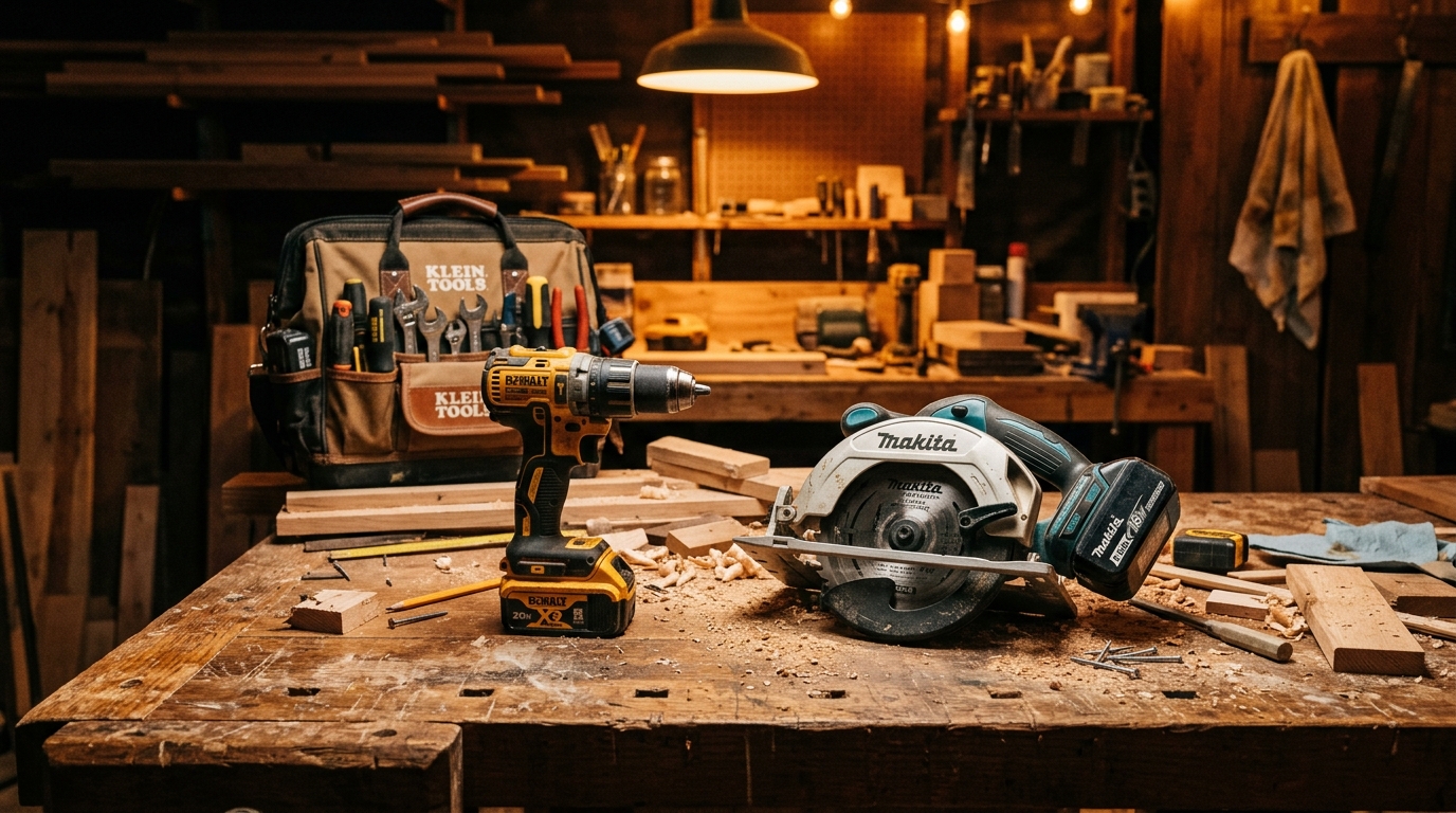 Cordless drill, circular saw, and hand tools laid out on a wooden workbench in a warm workshop