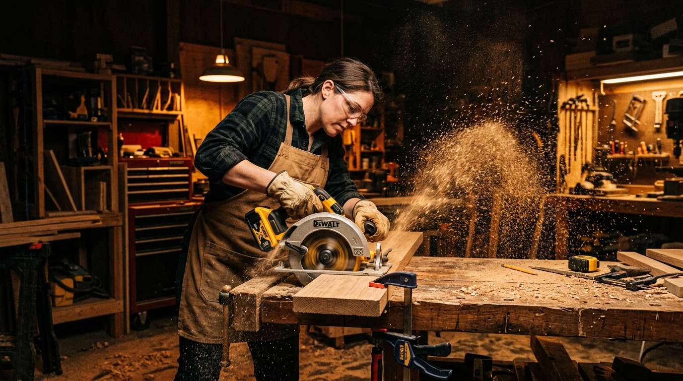 Cordless circular saws from Milwaukee, DeWalt, and Makita on a woodworking bench with cut lumber