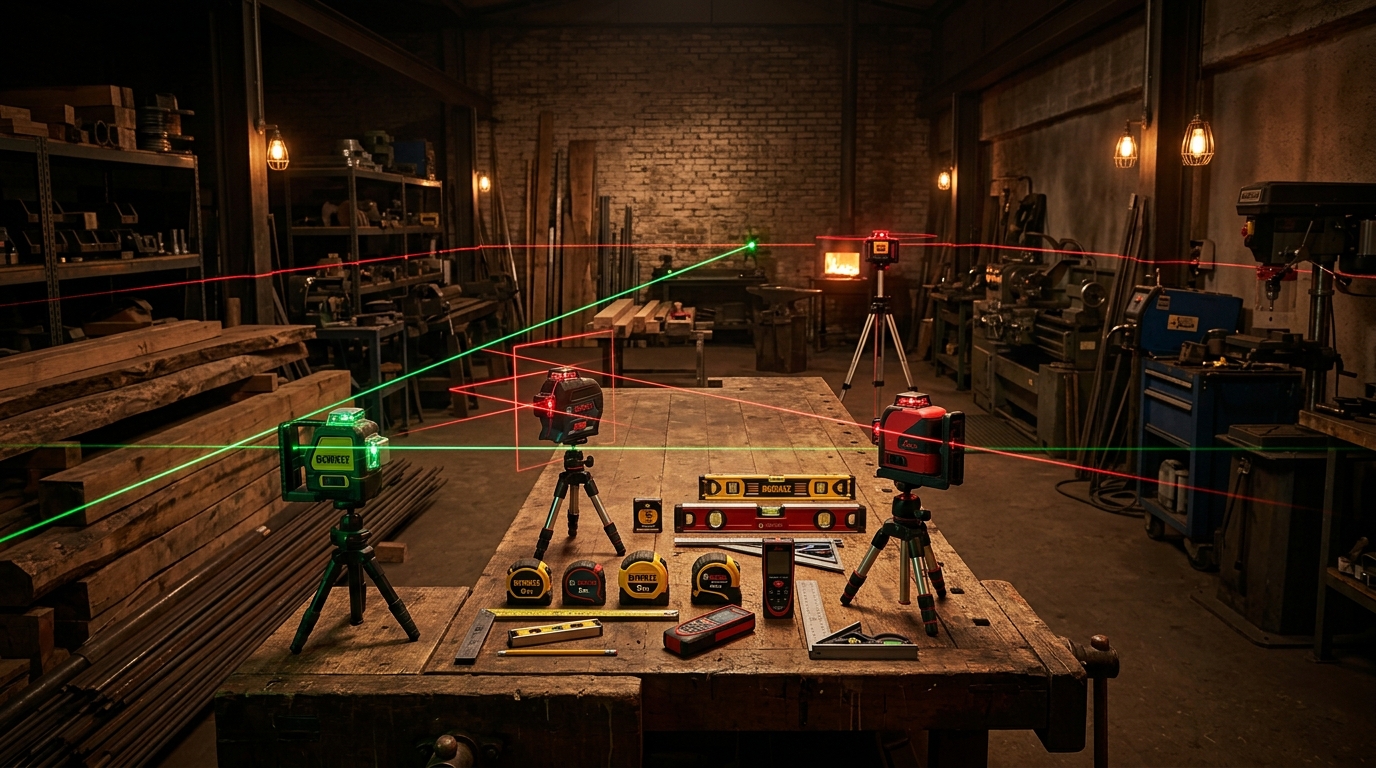 Three laser levels projecting beams across a dark workshop with amber lighting