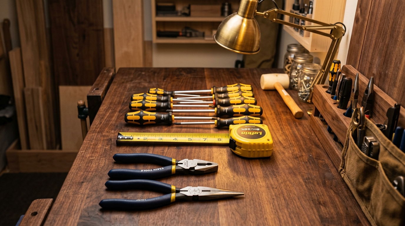 Premium-looking hand tools and accessories arranged on a dark workshop bench with warm brass lighting