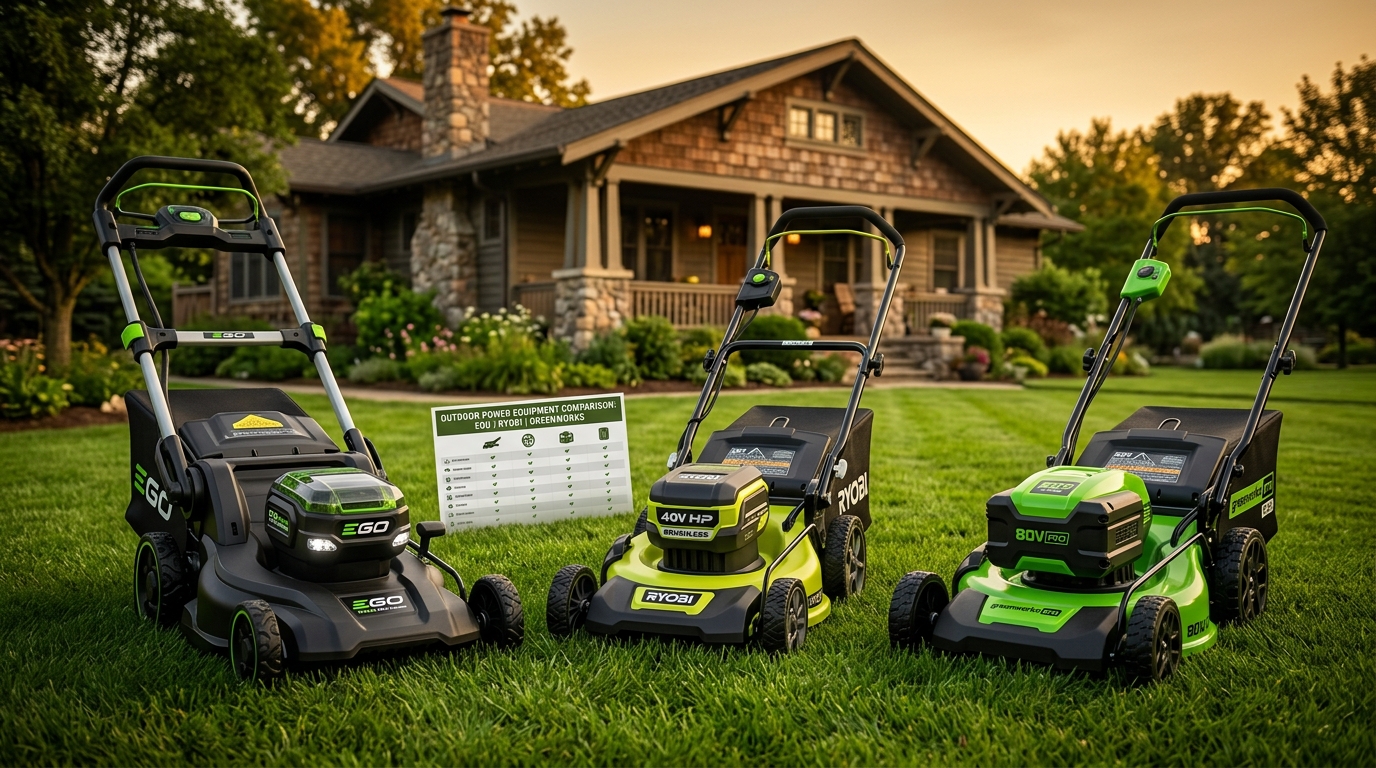 Three battery-powered lawn mowers from EGO, Ryobi, and Greenworks on a dark background with warm amber lighting