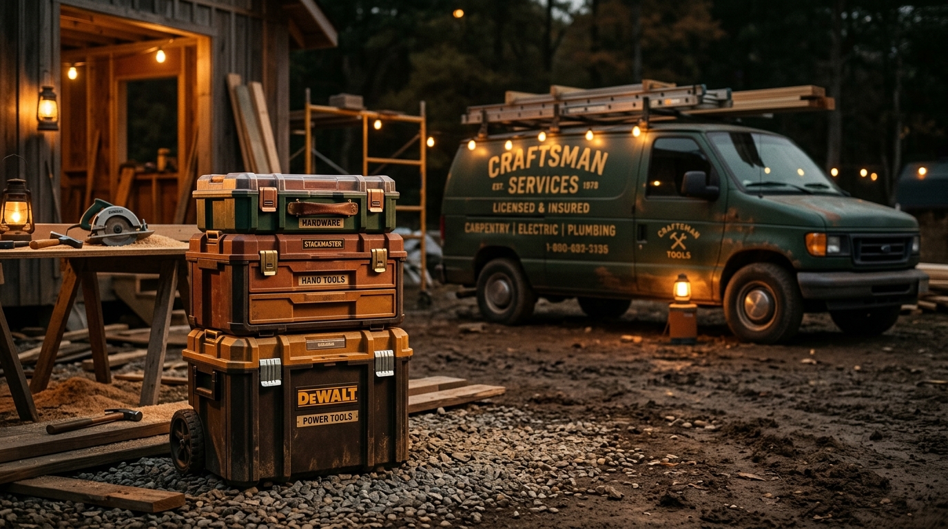 Milwaukee Packout, DeWalt ToughSystem 2.0, and Ridgid Pro Gear 2.0 stacked storage systems on a job site