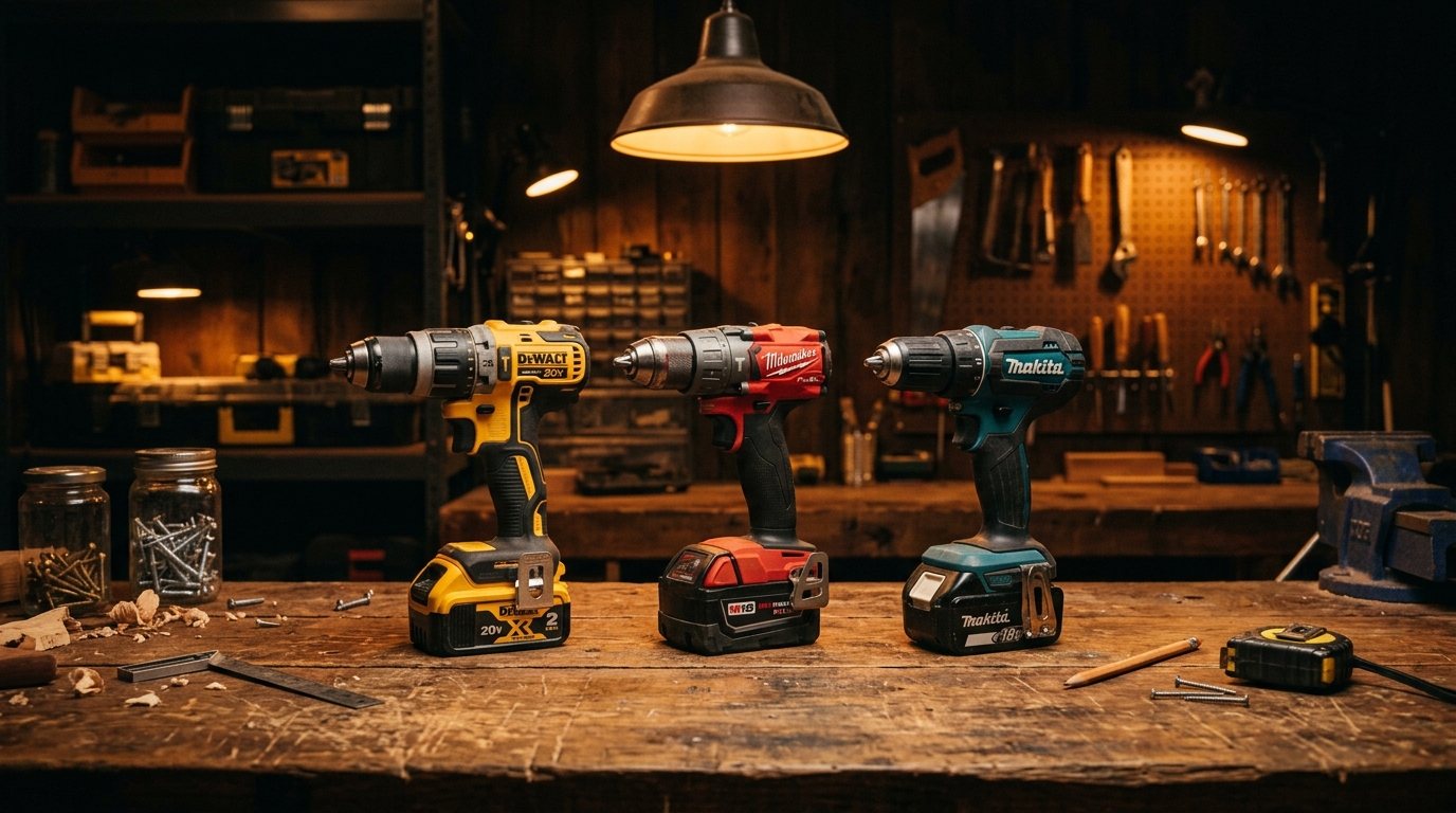 Three cordless drill drivers from Milwaukee, DeWalt, and Makita laid out on a workshop bench with wood shavings