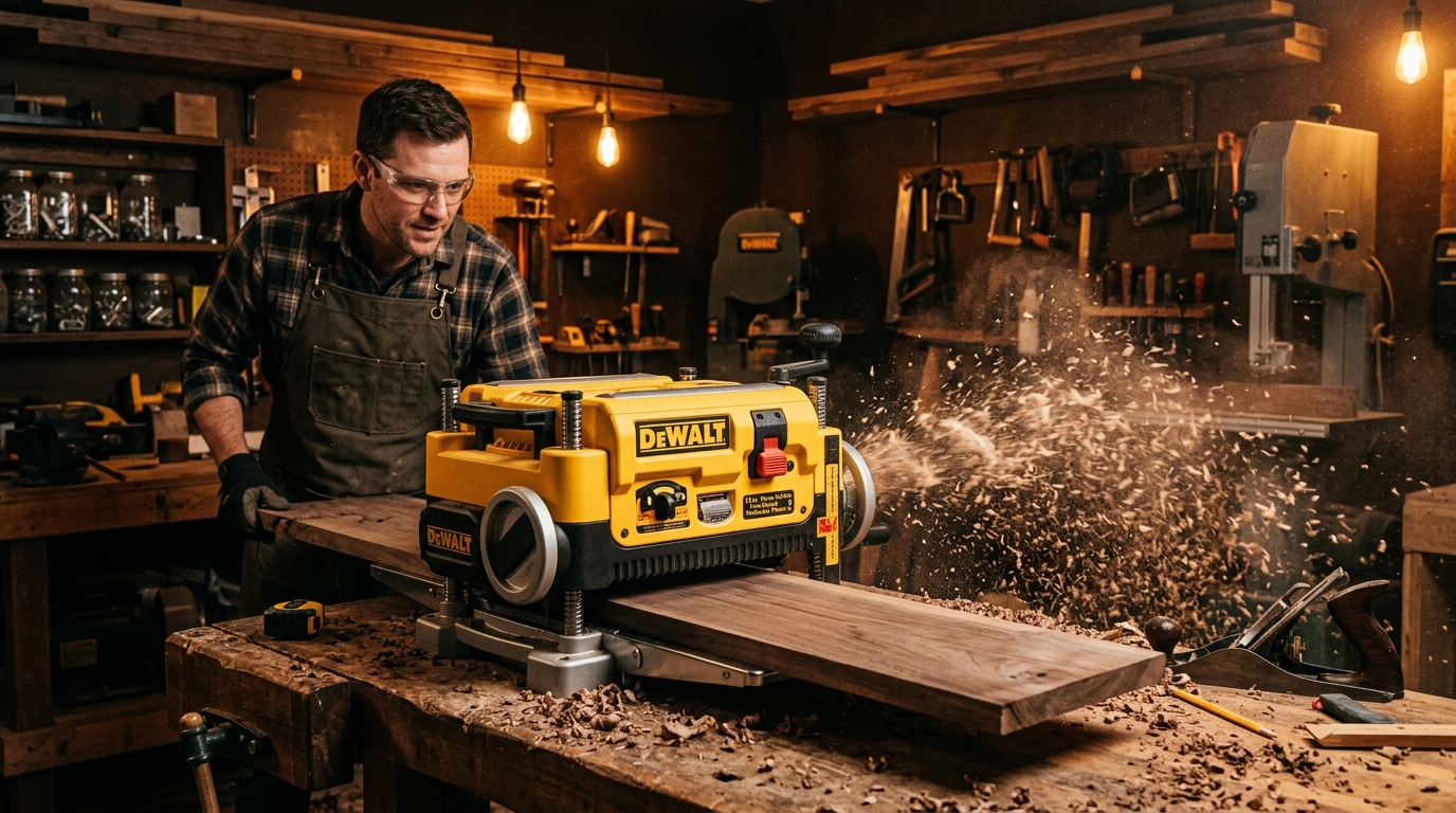DeWalt DW735X thickness planer surfacing a wide walnut board with wood shavings and dust in a workshop