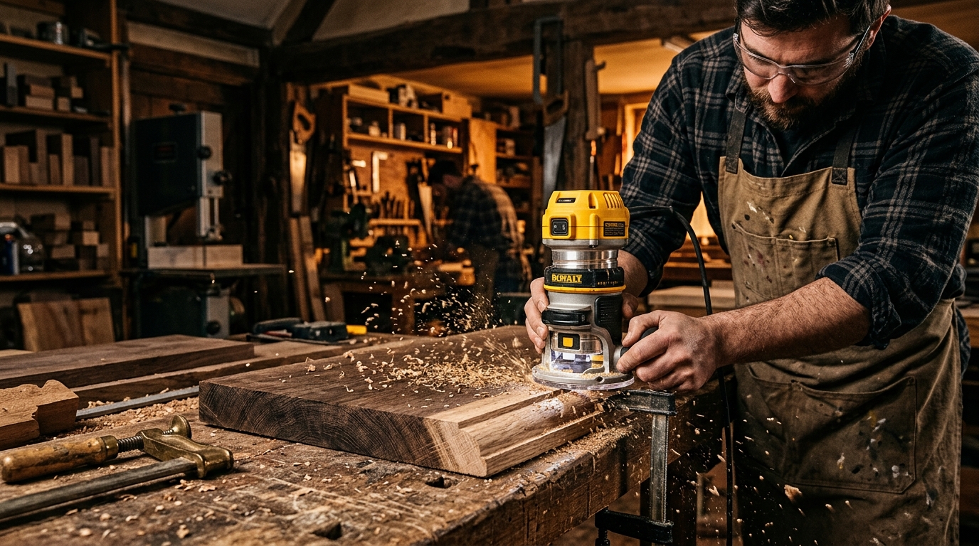 DeWalt DWP611PK compact router routing an edge profile on an oak board in a workshop