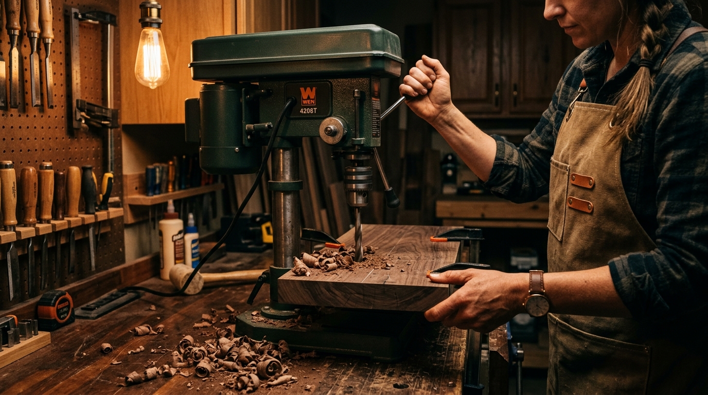 WEN 4214T benchtop drill press drilling a clean hole through a walnut board with wood shavings on the table